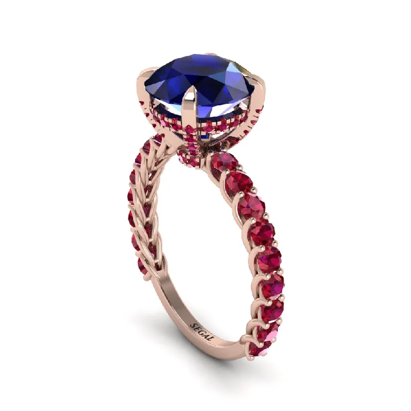 Ladies engagement rings with moss sapphires -Sapphire Twisted Band Halo Engagement Ring - Avianna No. 59