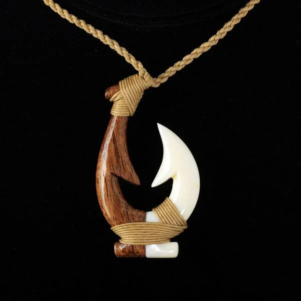 ladies-gemstone-pearl-necklaces-Koa Wood Cow Bone Fish Hook Necklace