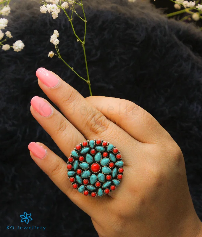 Ladies rings with faith designs -The Prisha Silver Gemstone Cocktail Finger-ring(Coral/Turquoise)