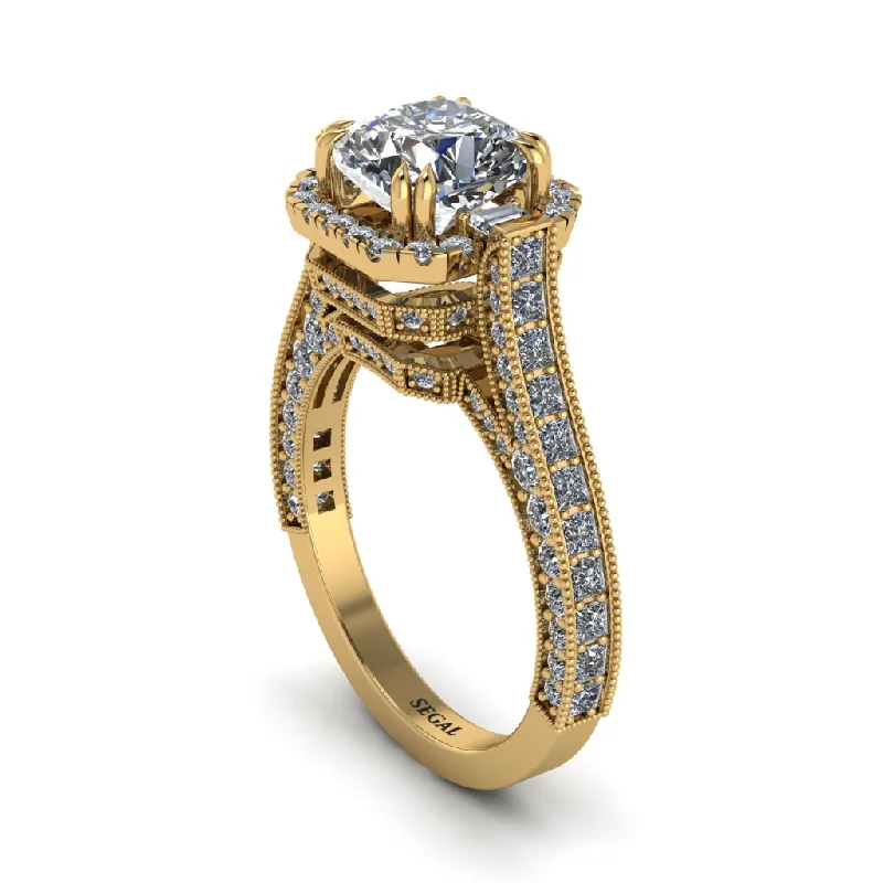 Ladies engagement rings unique elegance -Diamond Three Halo Milgrain Engagement Ring - Mira No. 1