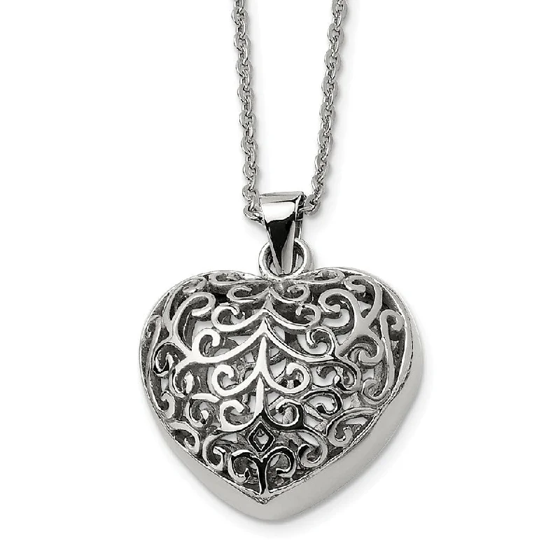 ladies-custom-silver-necklaces-Stainless Steel Large Filigree Puffed Heart Necklace, 22 Inch