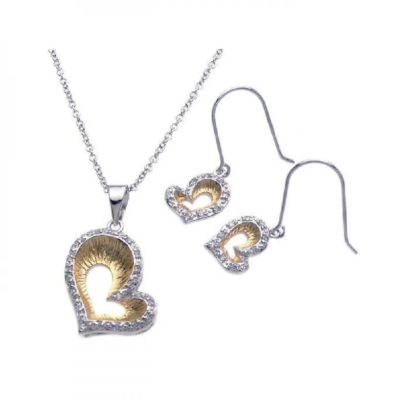 Ladies earrings with shell drops -Clearance-Silver 925 Rhodium and Gold Plated Open Heart Clear Border CZ Hook Earring and Dangling Necklace Set - BGS00089