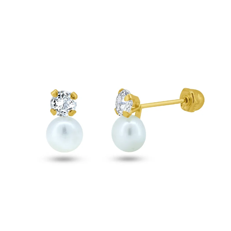 Ladies earrings twisted drops -14E00267. - 14 Karat Yellow Gold CZ with Pearl Screw Back Stud Earrings