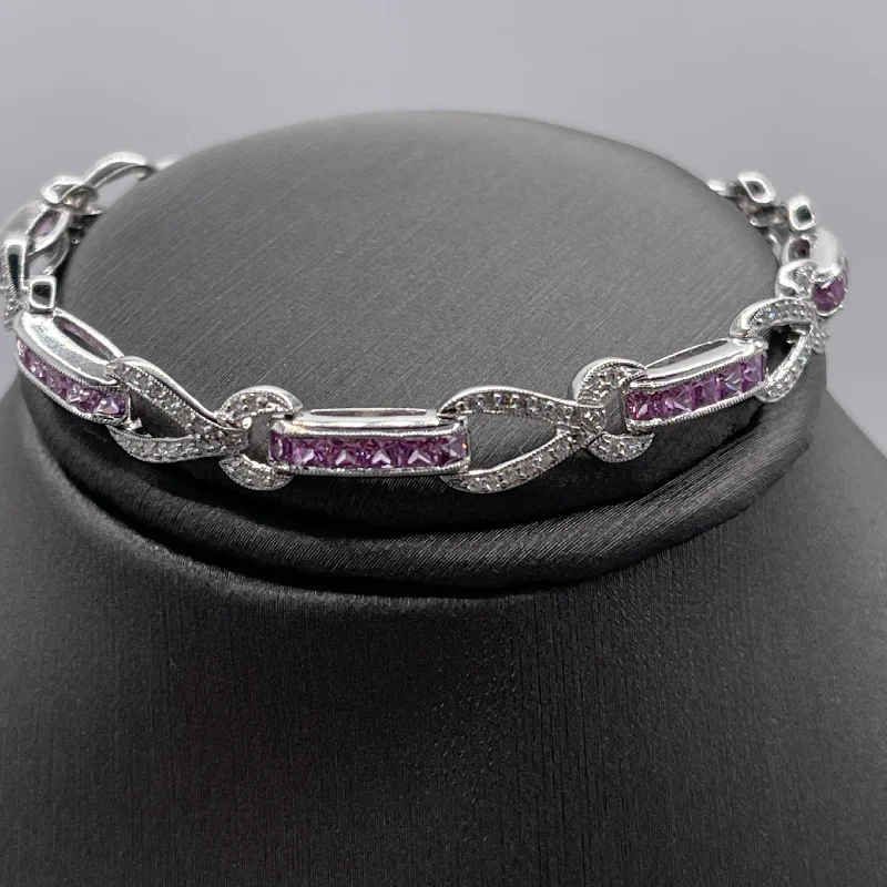 ladies-flower-cuff-bracelets-18 Karat White Gold Diamond & Rose Sapphire Bracelet Pink Sapphire Princess Cuts Diamonds