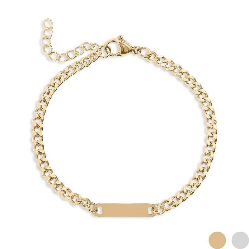 ladies-pearl-link-bracelets-Stainless Steel Engravable Curb Chain Bar Bracelet / SBB0339