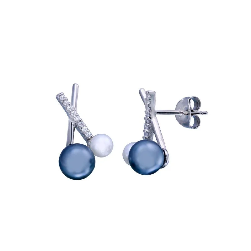 Ladies earrings with vixen charms -Rhodium Plated 925 Sterling Silver X Style Black and Pearl CZ Earring - BGE00708