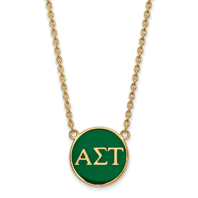 ladies-custom-silver-necklaces-14K Plated Silver Alpha Sigma Tau Large Green Enamel Disc Necklace