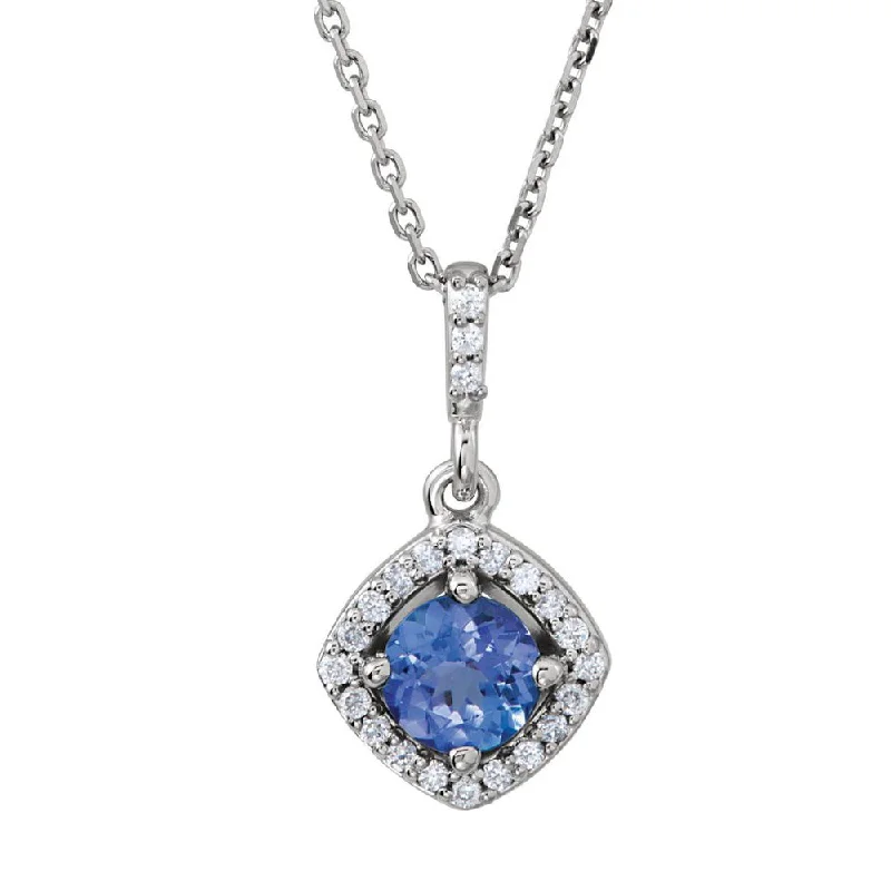 ladies-bridal-pearl-necklaces-14K White Gold Tanzanite & 1/8 CTW Diamond Halo Style Necklace, 18 In