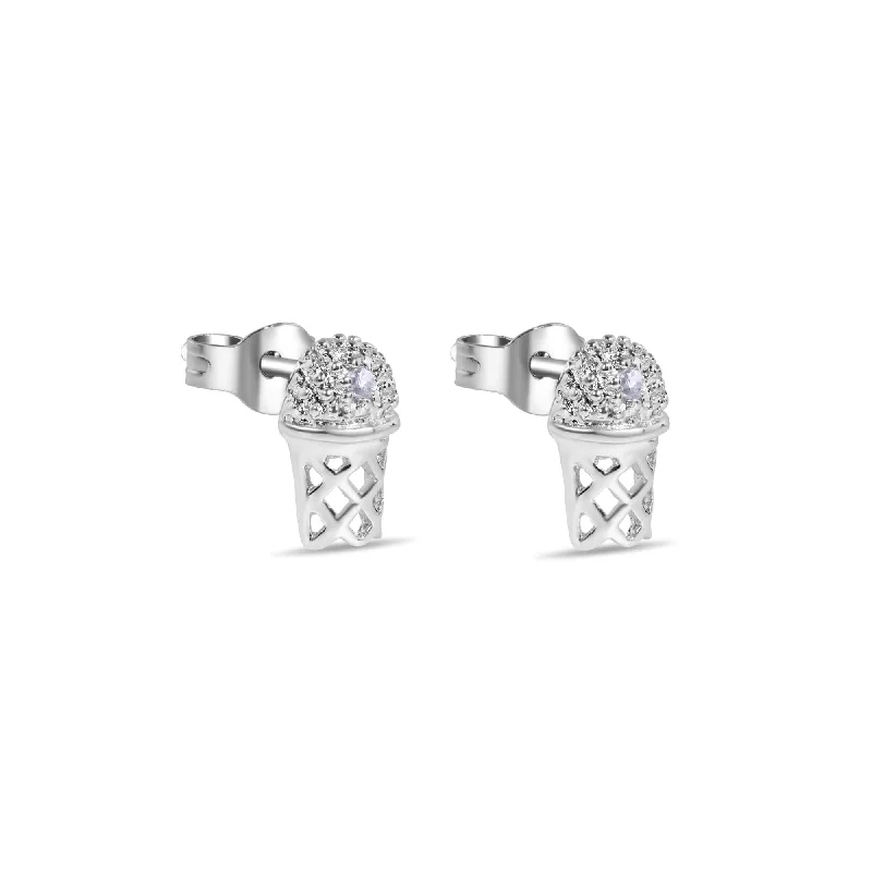 Ladies earrings rough texture -Final Price-Rhodium Plated 925 Sterling Silver Small Basketball Rim CLR CZ Earrings - STEM134-CLR