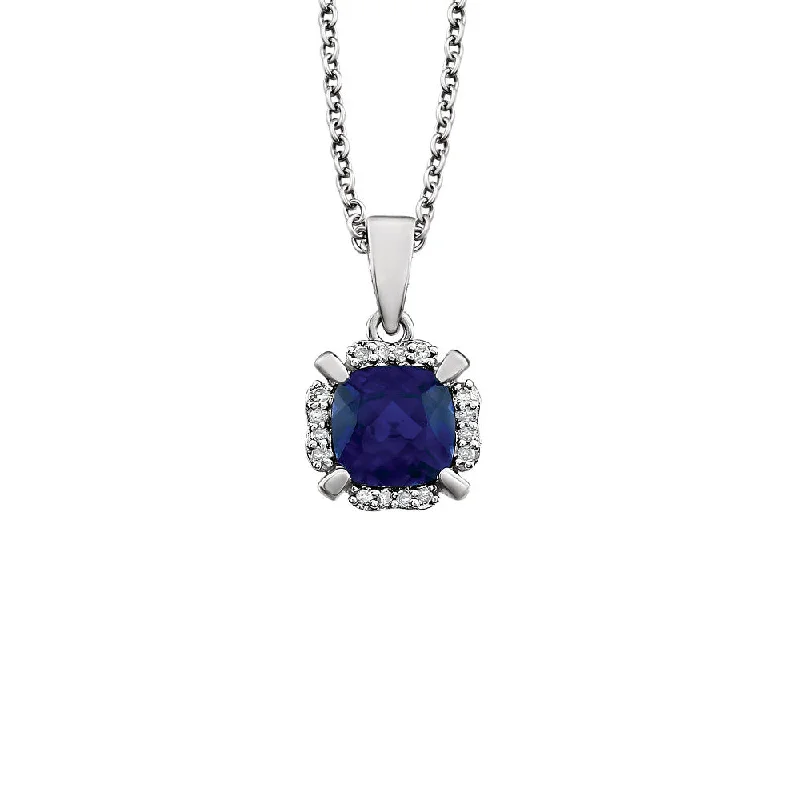 ladies-cross-rose-gold-necklaces-Cushion Created Sapphire & Diamond Necklace in 14k White Gold, 18 Inch