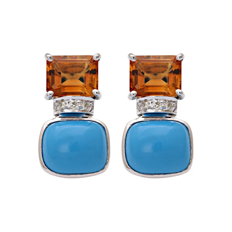 Ladies earrings high gloss -Earrings-Citrine, Turquoise and Diamond