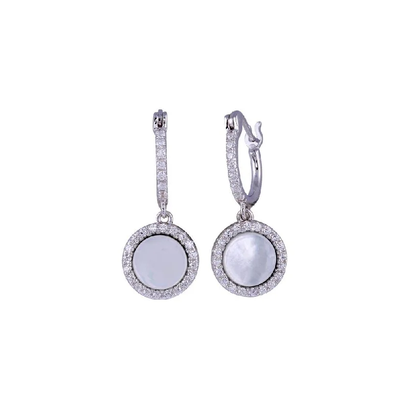 Ladies earrings with colt charms -Rhodium Plated 925 Sterling Silver Dangling CZ Disc with Mother of Pearl huggie hoop Earring -BGE00675