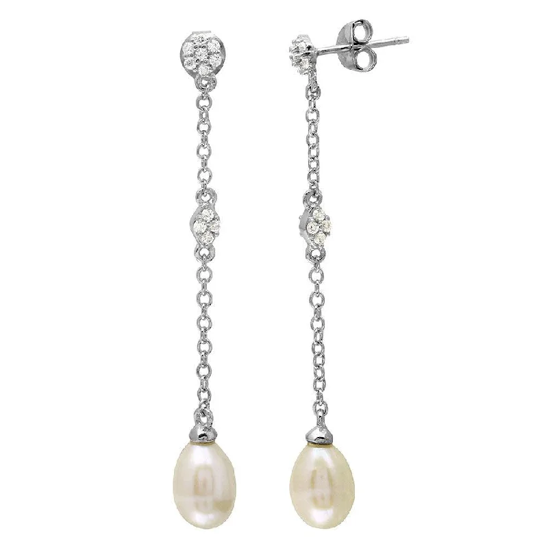 Ladies earrings rust-resistant metal -Rhodium Plated 925 Sterling Silver Dangling CZ and Fresh Water Pearl Earrings - BGE00507