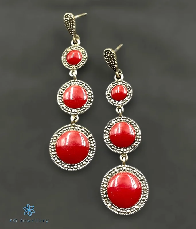 Ladies earrings with indigo lapis -The Vidisha Silver Marcasite Cocktail Earrings (Red)