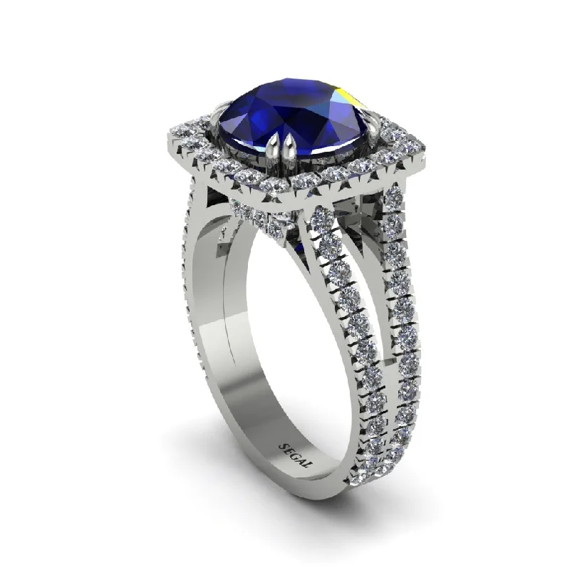 Ladies engagement rings with glass accents -Sapphire Pave Split Shank Engagement Ring - Averie No. 15