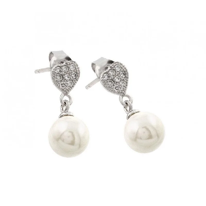 Ladies earrings for models -Silver 925 Rhodium Plated Clear Heart CZ Synthetic Pearl Dangling Stud Earrings - STE00903