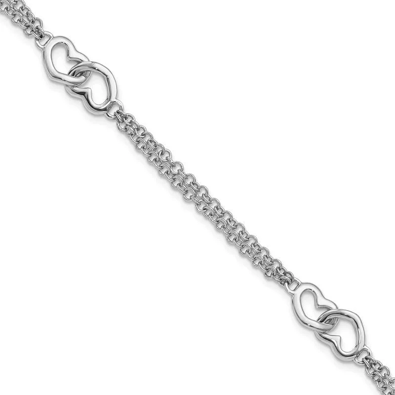 ladies-unique-diamond-bracelets-Sterling Silver Rhodium-plated Hearts Double Chain Bracelet