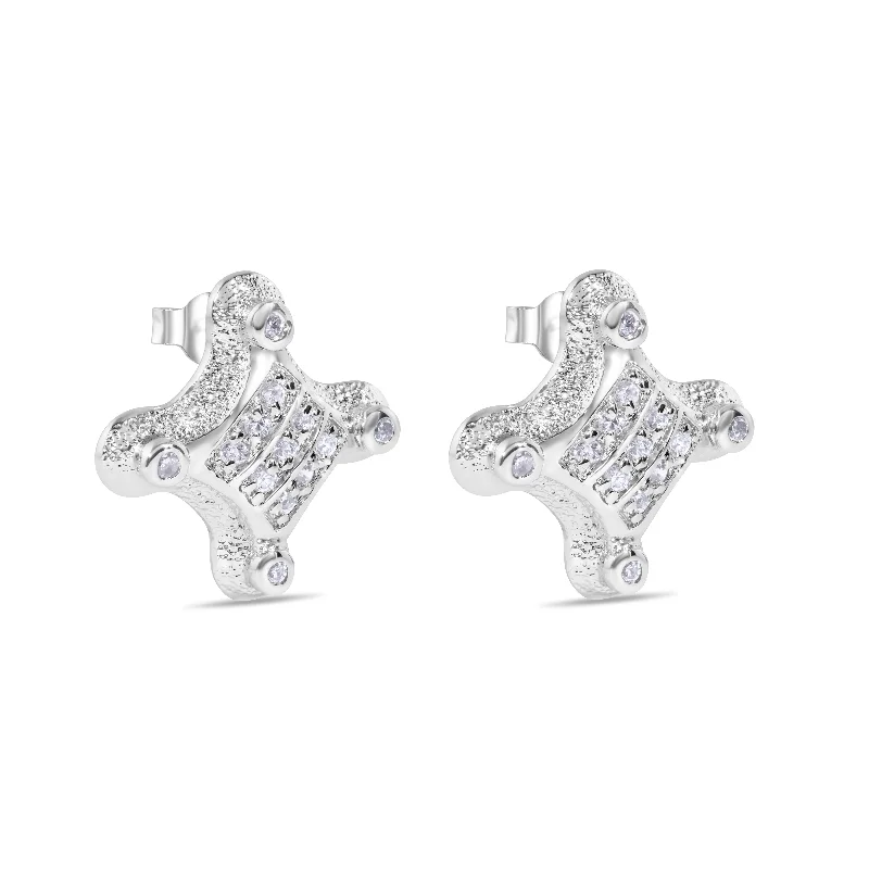 Ladies earrings arched designs -Final Price-Rhodium Plated 925 Sterling Silver Cross CZ Stud Earring - STEM153