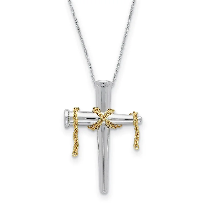 ladies-unique-diamond-necklaces-Rhodium & Gold Tone Plated Sterling Silver Nail Cross Necklace, 18 In.