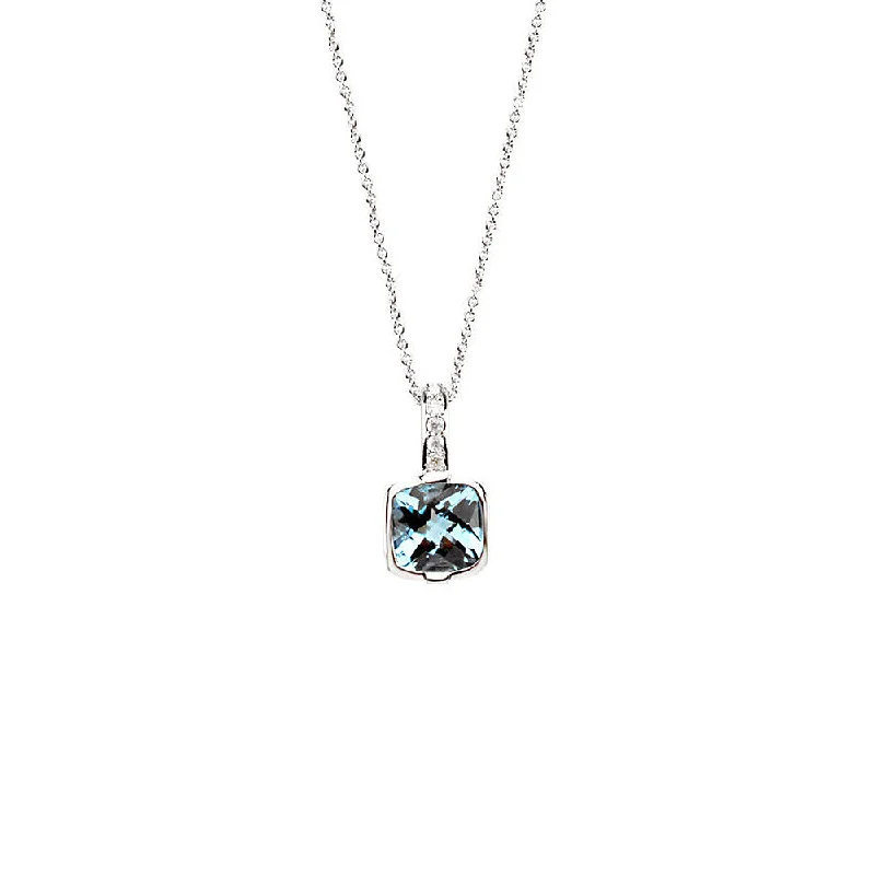 ladies-affordable-diamond-necklaces-Cushion Swiss Blue Topaz & Diamond 14k White Gold Necklace, 18 Inch