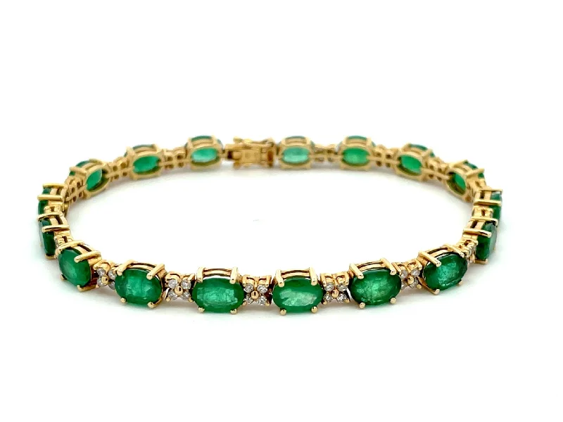 ladies-vintage-pearl-bracelets-Emerald and Diamond Tennis Bracelet in 14k Yellow Gold