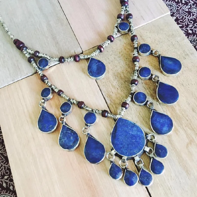 ladies-artisan-diamond-necklaces-Two tier tribal lapis lazuli stone boho necklace