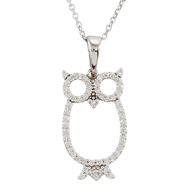 ladies-sterling-silver-tassel-necklaces-1/4 cttw Diamond Owl 16-Inch Necklace in 14k White Gold