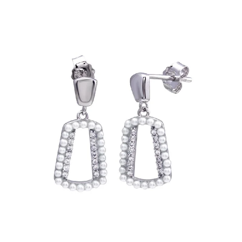 Ladies earrings for rebels -Rhodium Plated 925 Sterling Silver Dangling Open Halo Pearl and CZ Earring - STE01321