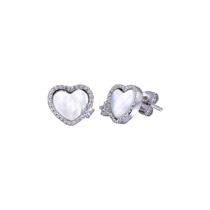 Ladies earrings with blue topaz -Rhodium Plated 925 Sterling Silver CZ Mother Pearl Heart Stud Earring - BGE00677