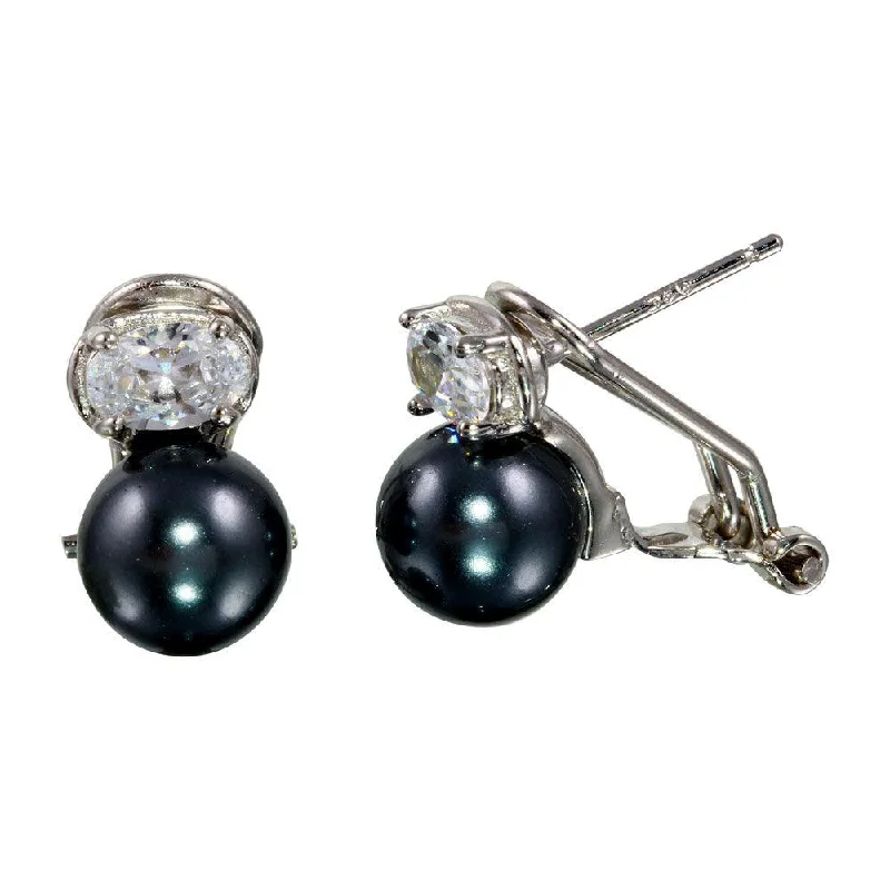 Ladies earrings for trailblazers -Rhodium Plated 925 Sterling Silver Synthetic Gray Pearl with Oval CZ Lever Back Earrings - BGE00562