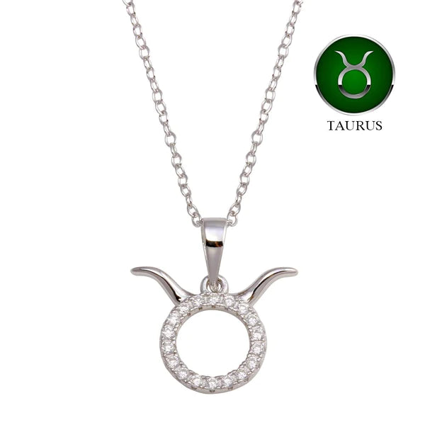 ladies-elegant-gold-necklaces-Silver 925 Rhodium Plated Taurus CZ Zodiac Sign Necklace