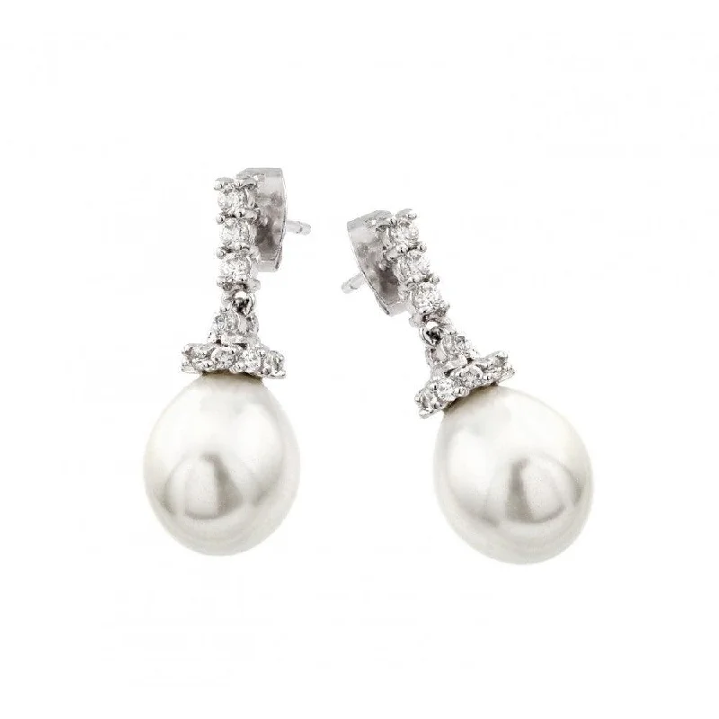 Ladies earrings for movie dates -Silver 925 Rhodium Plated CZ Hanging Pearl Stud Earrings - BGE00423