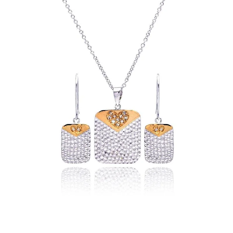 Ladies earrings for vow moments -Clearance-Silver 925 Rhodium and Gold Plated Clear Heart Dog Tag CZ Dangling Stud Earring and Necklace Set - BGS00040