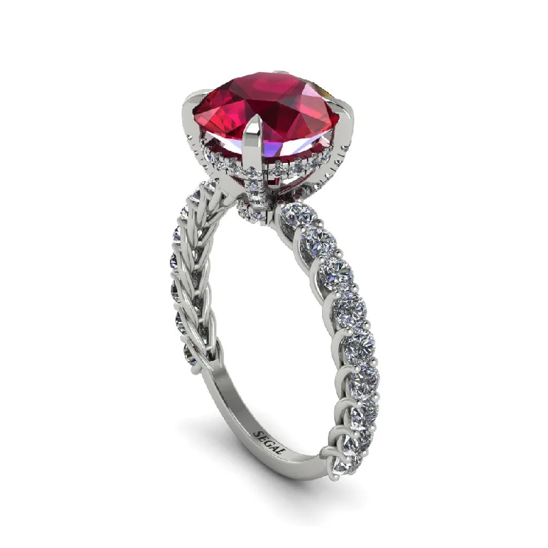 Ladies engagement rings geometric cuts -Ruby Twisted Band Halo Engagement Ring - Avianna No. 12