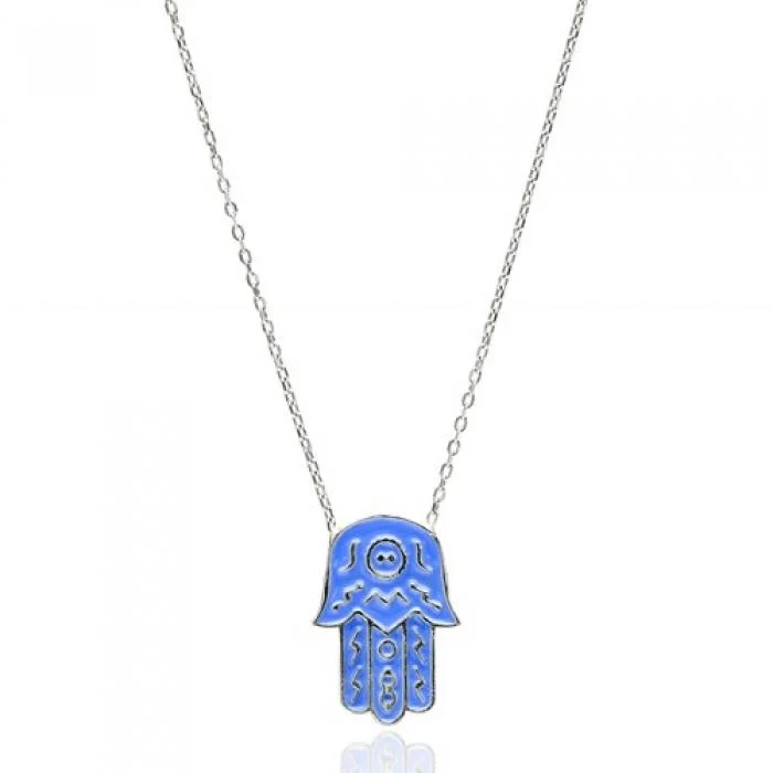 ladies-fashion-pearl-necklaces-Silver & Blue Hamsa boho necklace - Sterling Silver