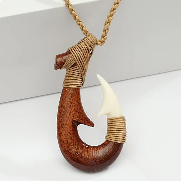 ladies-birthstone-layered-necklaces-Clasic Style Koa Wood/Bone Fish Hook Necklace 28x52mm