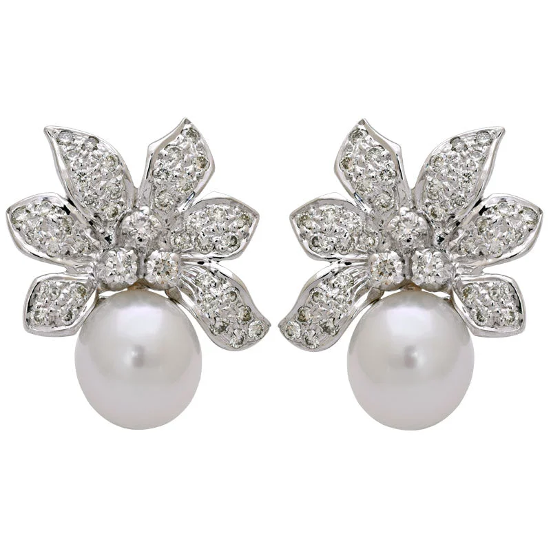 Ladies earrings smooth studs -Earrings-South Sea Pearl and Diamond