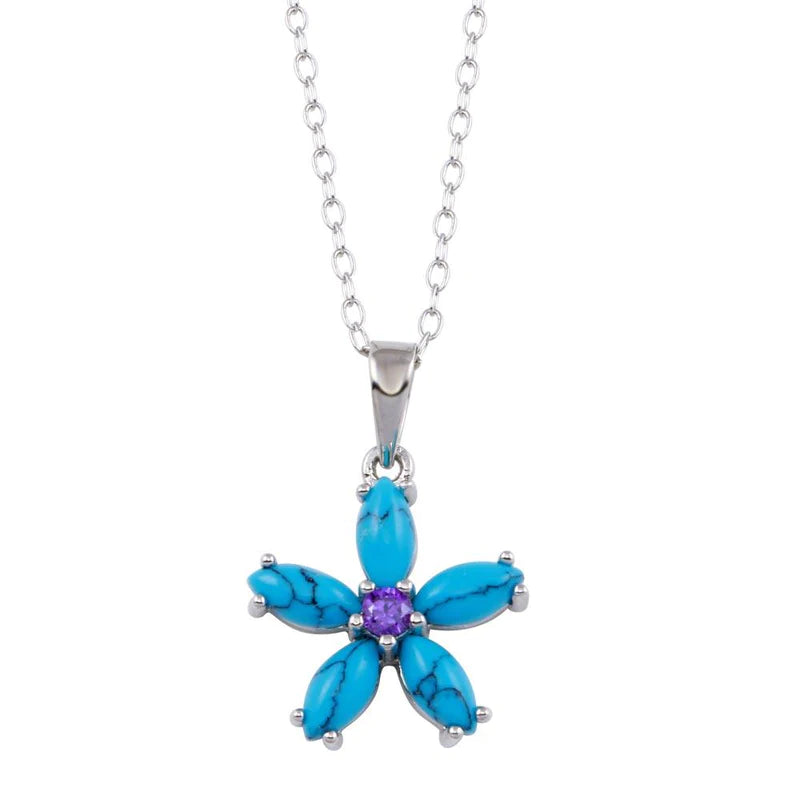 ladies-pearl-pendant-necklaces-Silver 925 Rhodium Plated Turquoise Flower and Purple CZ Necklace