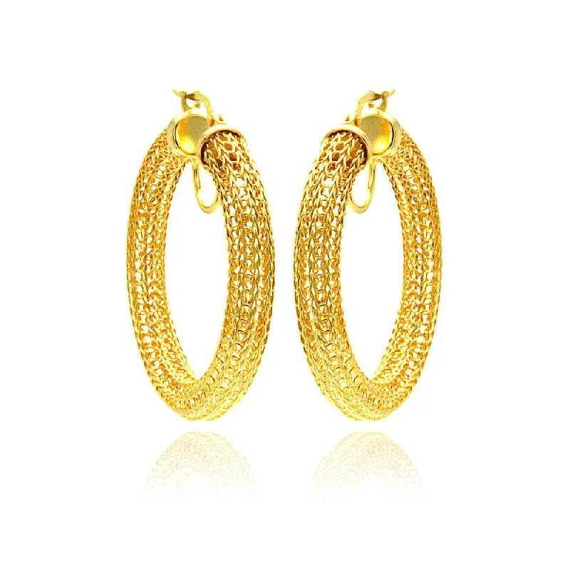 Ladies earrings free-spirit flair -Clearance-Silver 925 Gold Plated Mesh Hoop Earrings - ITE00039GP