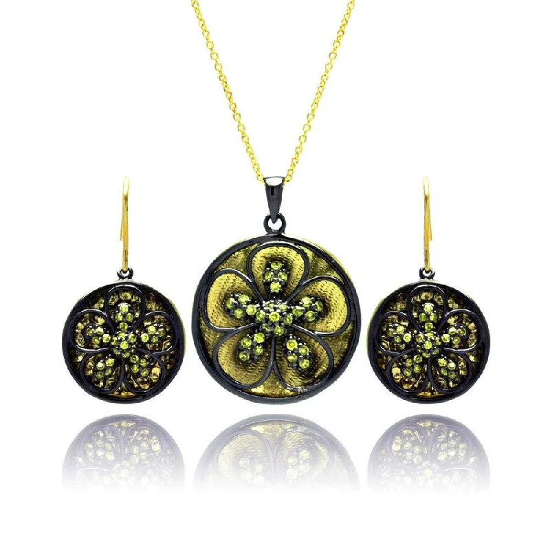 Ladies earrings with velvet accents -Clearance-Silver 925 Black Rhodium Gold Plated Flower CZ Dangling Stud Earring and Necklace Set - STS00375