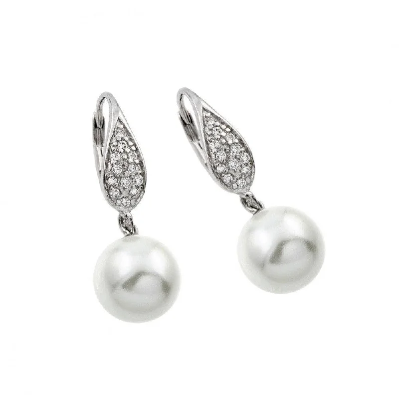 Ladies earrings classic drops -Silver 925 Rhodium Plated Marquis CZ Hanging Pearl Leverback Earrings - BGE00418