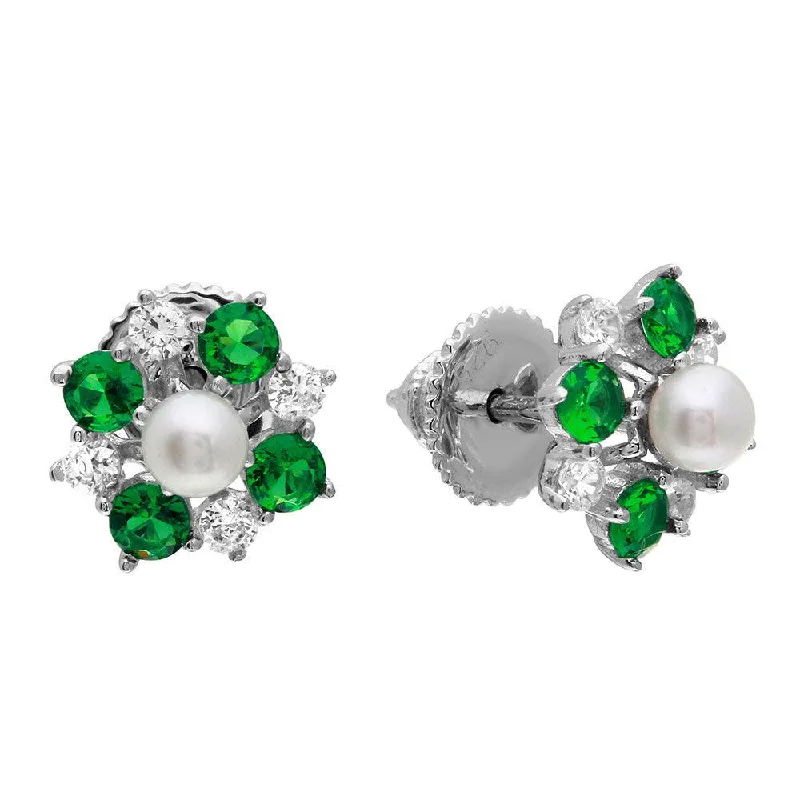 Ladies earrings for young cousins -Silver 925 Rhodium Plated Green CZ Flower Earrings with Center Fresh Water Pearl - GME00065-MAY