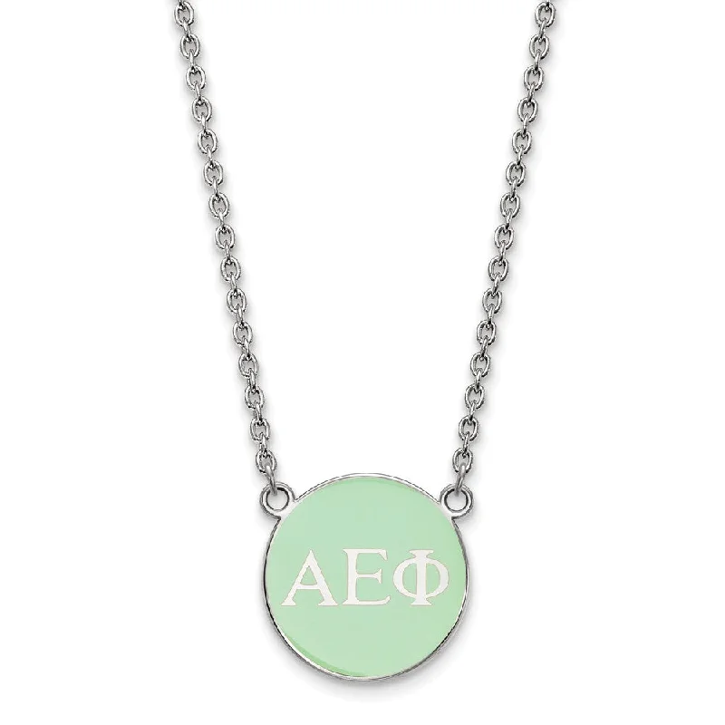 ladies-pearl-long-necklaces-Sterling Silver Alpha Epsilon Phi Small Lt Green Enamel Disc Necklace