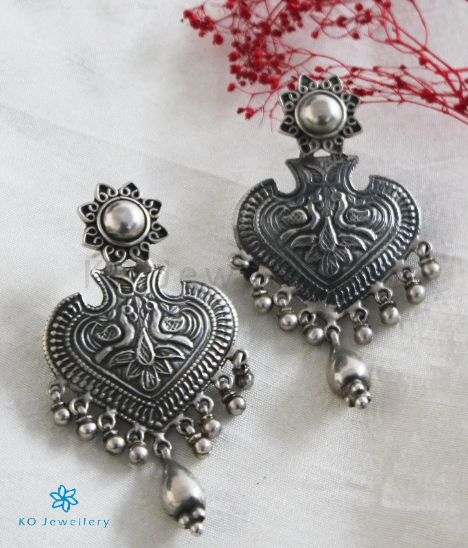 Ladies earrings with lilac iolite -The Dhvajin Silver Peacock Earrings (Oxidised)