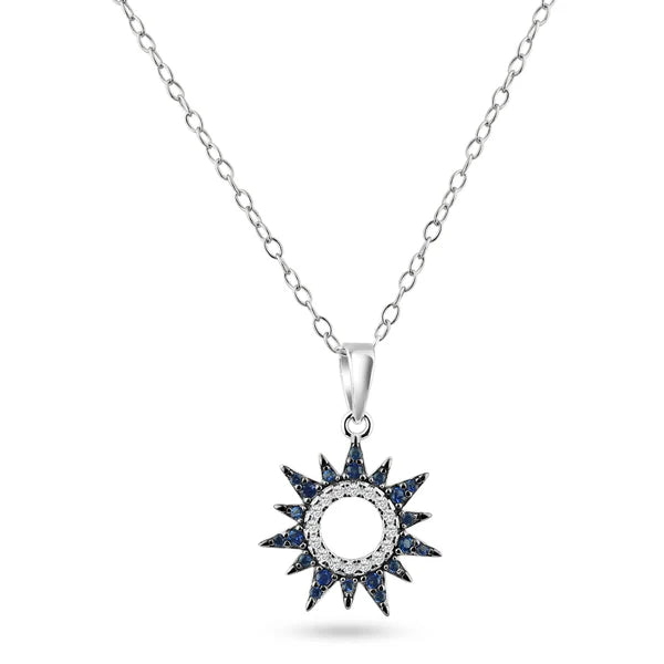 ladies-modern-pendant-necklaces-Rhodium Plated 925 Sterling Silver Sun Blue and Clear CZ Pendant Necklace