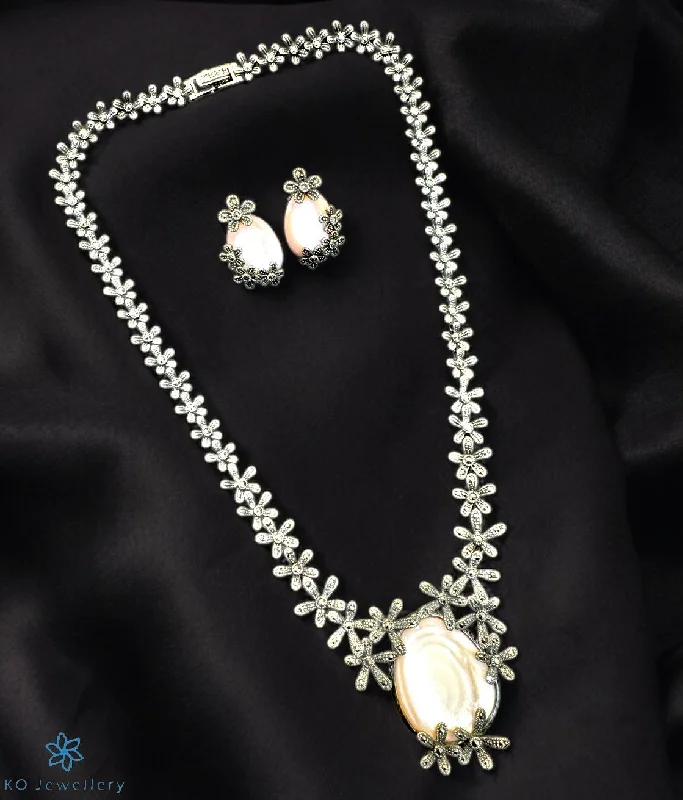 Ladies earrings for engineers -The Ryna Silver Marcasite Necklace & Earrings (Pearl)