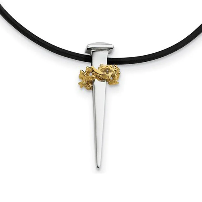 ladies-gold-charm-necklaces-Rhodium/Gold Tone Plated Sterling Silver No Greater Love Nail Necklace