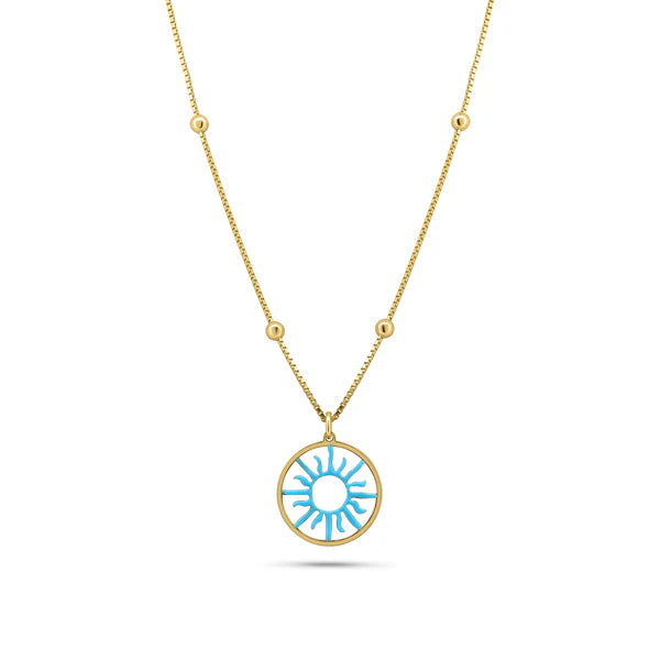 ladies-heart-charm-necklaces-Gold Plated 925 Sterling Silver Turquoise Sun Charm Box Beaded Adjustable Necklace