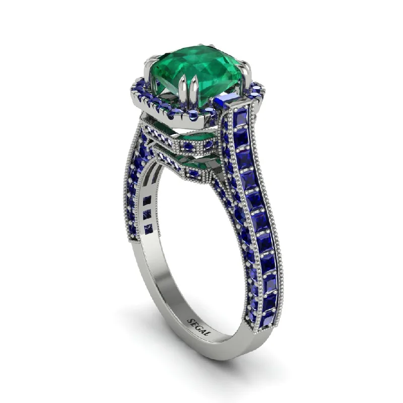 Ladies engagement rings for forever love -Emerald Three Halo Milgrain Engagement Ring - Mira No. 66