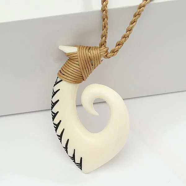 ladies-elegant-rose-gold-necklaces-28x48mm Buffalo Bone Fish Hook Necklace w/Blace Enamel Carving